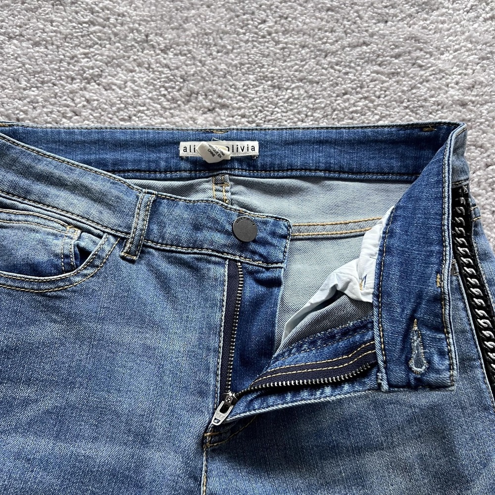 Alice + Olivia Chain Studded Side Stripe Slim Jeans Womens 27 Blue Mid Rise - Picture 7 of 16